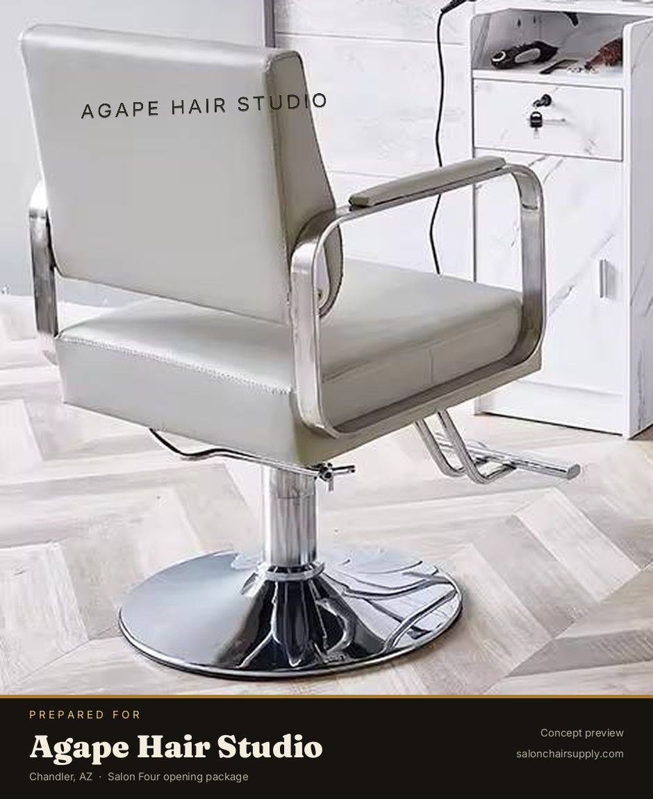Concept preview: Agape Hair Studio name on the back of a cream styling chair