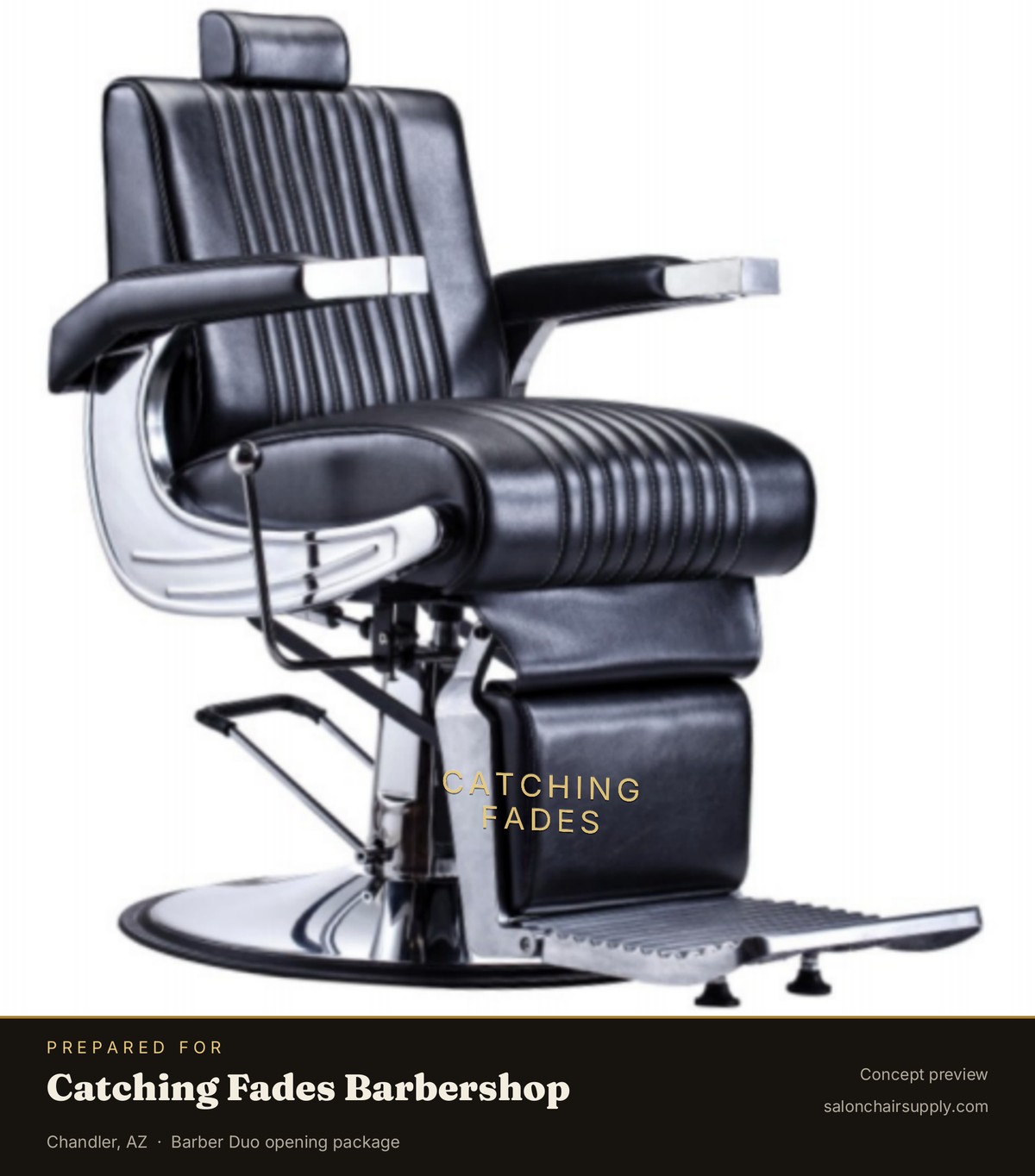 Concept preview: Catching Fades name embossed in gold on a black barber chair