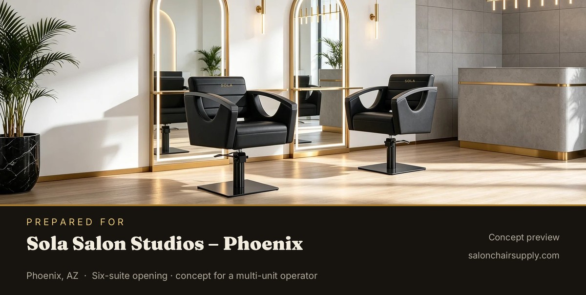 Concept preview: Sola wordmark embossed on styling chairs in a salon interior