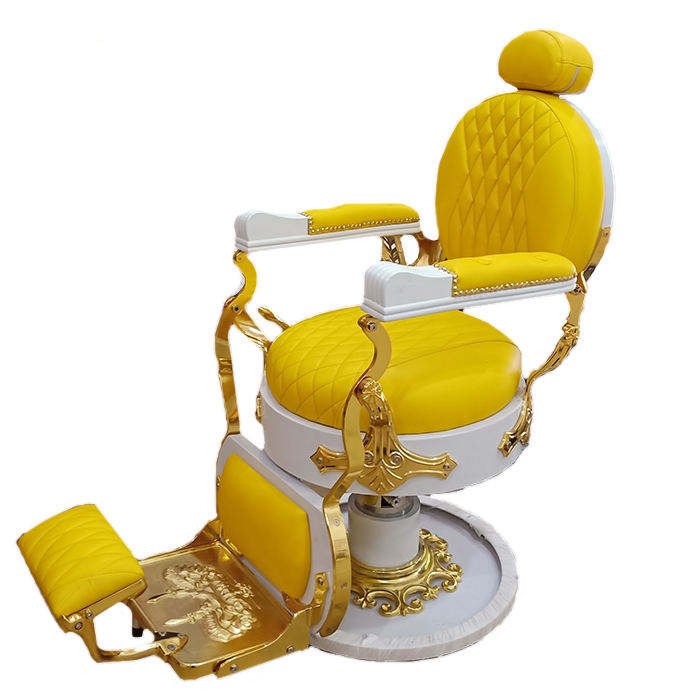 Gold-frame barber chair upholstered in yellow quilted vinyl