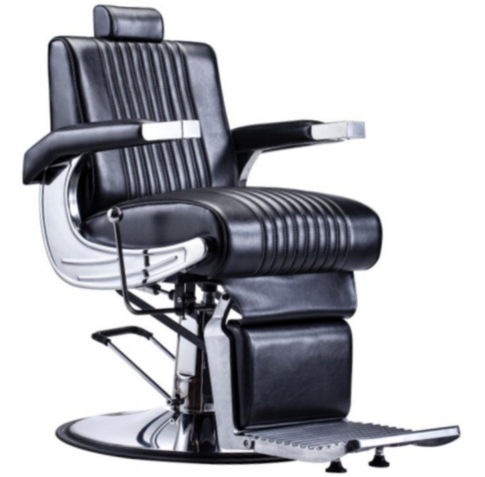 Black heavy-duty barber chair with chrome frame, studio product photo