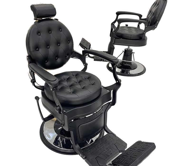 Tufted round-back barber chair shown from front and rear