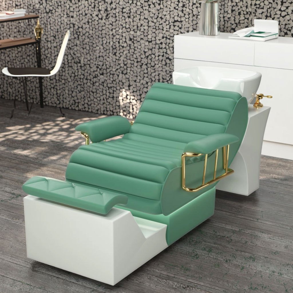 Green and white backwash shampoo unit in a showroom