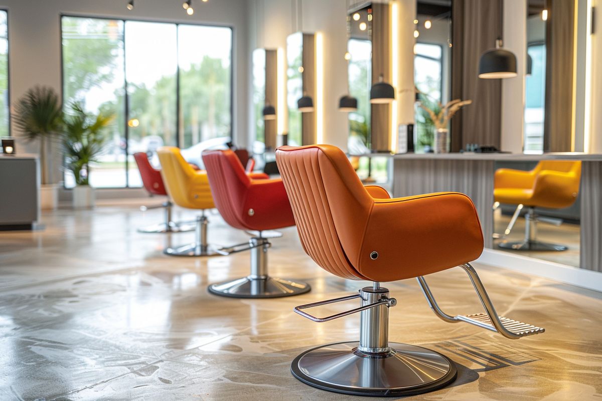 Salon floor with color-matched styling chairs and stations