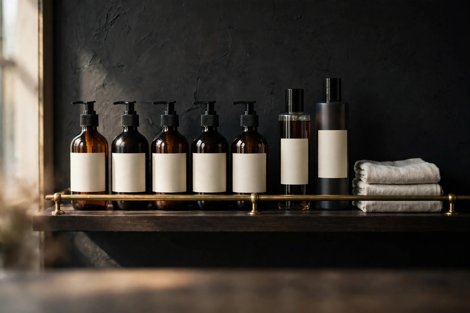 Branded backbar bottles with blank labels on a salon shelf, ready for a shop's own branding